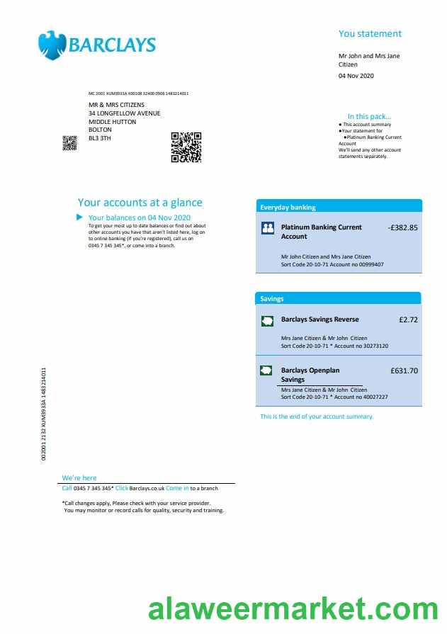 United Kingdom Barclays bank statement template in .doc and .pdf format, version 2